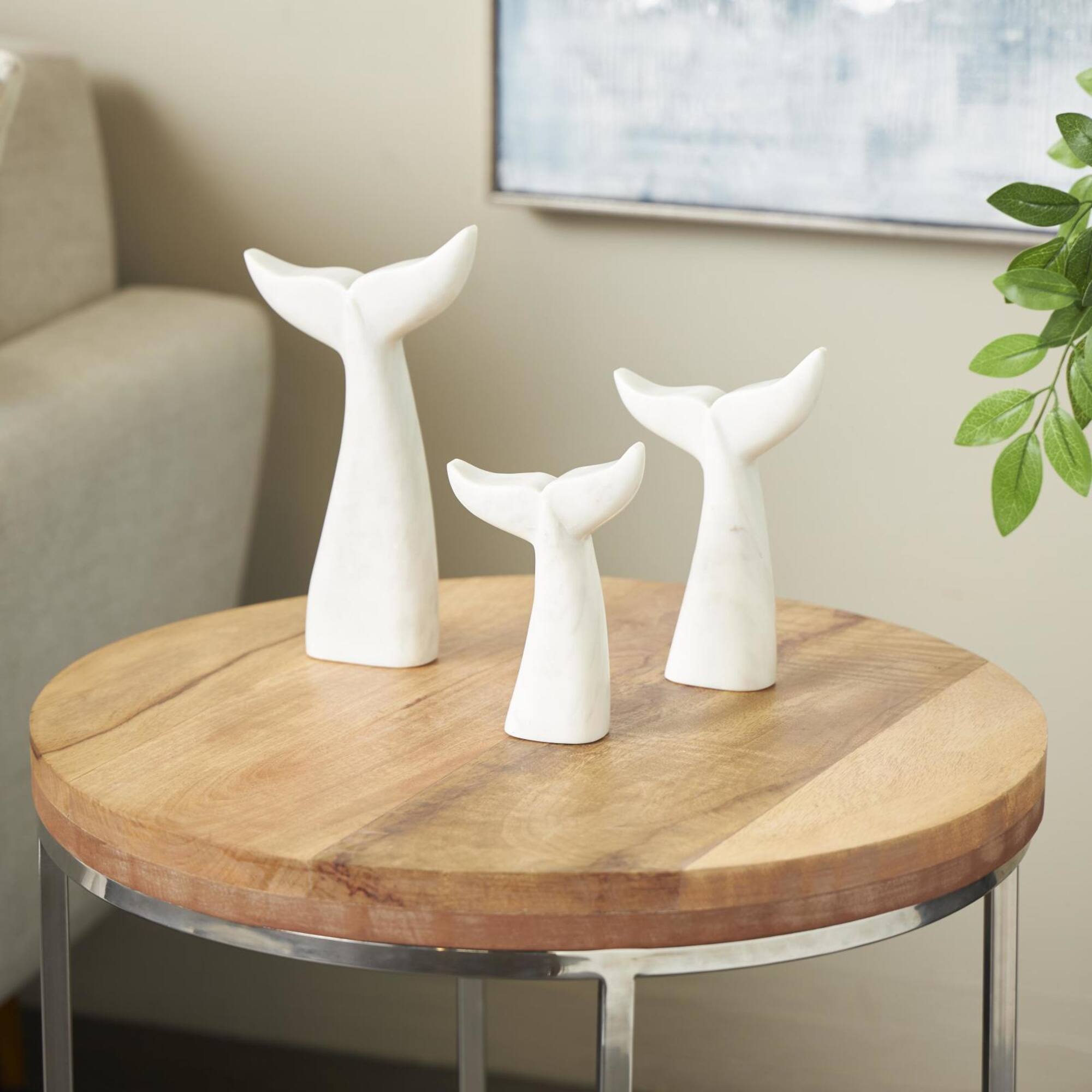 White Marble Whale Tail Sculpture Set